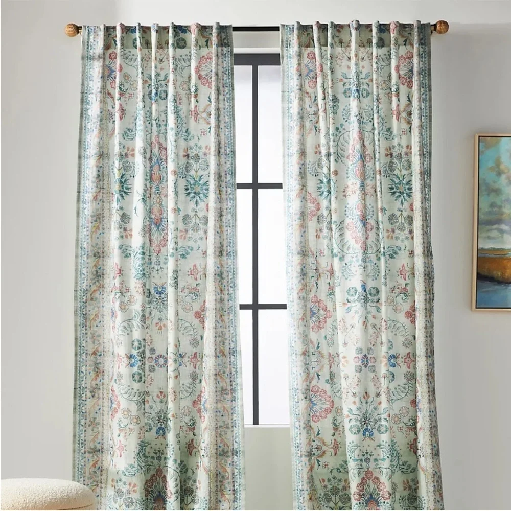 Anthropologie Teal, Coral & Cream Floral Panel Curtains